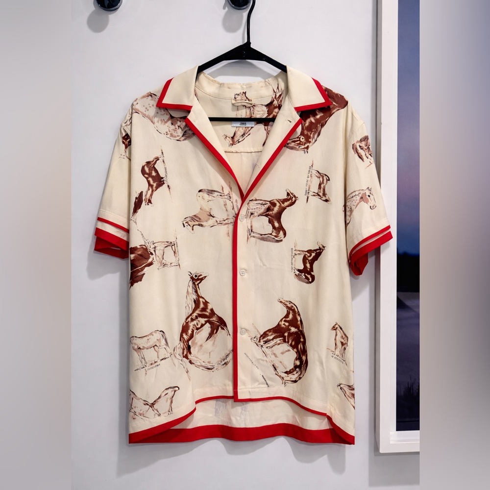 Men's Cream and Brown Animal Print Shirt with Red Accents